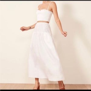 Reformation Kitty white linen set smocked crop top skirt size XL festival bride